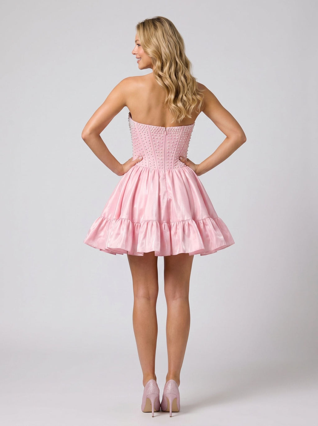 Petal Satin A-Line Strapless Back Zip Short Dress with Pearls - Curvevia