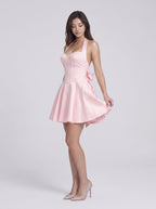 Petal Matte Satin A-Line Halter neckline Back Zip Short Dress with Bow - Curvevia