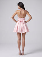 Petal Matte Satin A-Line Halter neckline Back Zip Short Dress with Bow - Curvevia