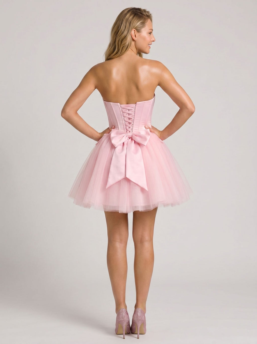 Petal Satin A-Line Straight Neck Criss-Cross Straps Short Dress with Bow - Curvevia