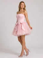 Petal Satin A-Line Straight Neck Criss-Cross Straps Short Dress with Bow - Curvevia