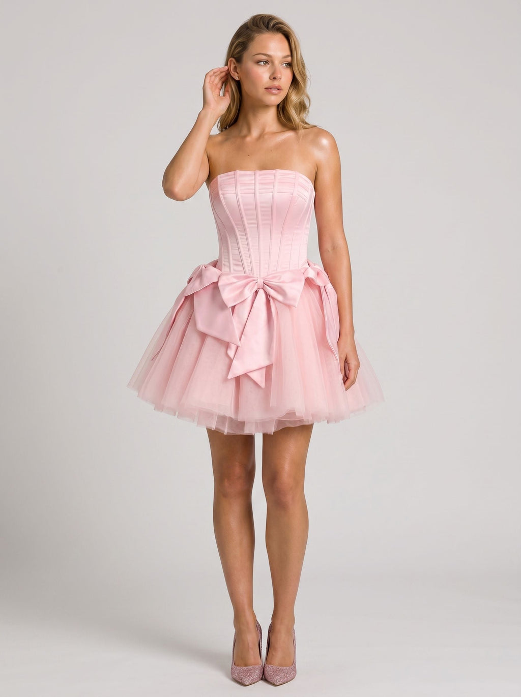 Petal Satin A-Line Straight Neck Criss-Cross Straps Short Dress with Bow - Curvevia