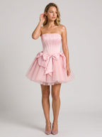 Petal Satin A-Line Straight Neck Criss-Cross Straps Short Dress with Bow - Curvevia
