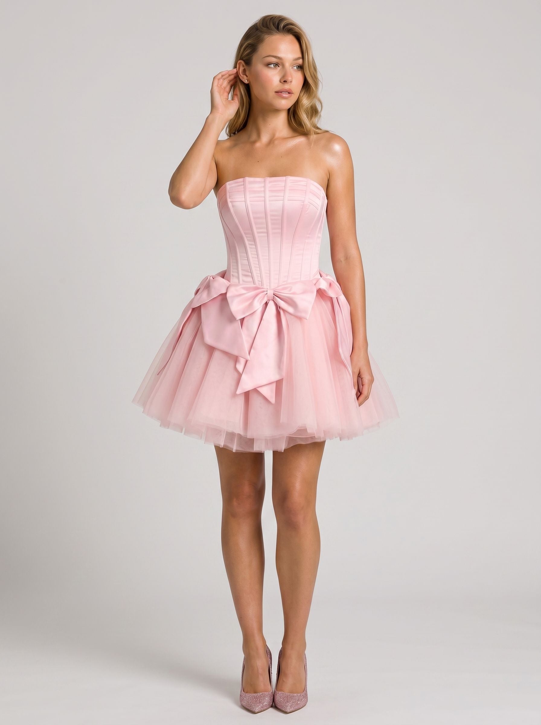 Petal Satin A-Line Straight Neck Criss-Cross Straps Short Dress with Bow - Curvevia