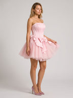 Petal Satin A-Line Straight Neck Criss-Cross Straps Short Dress with Bow - Curvevia