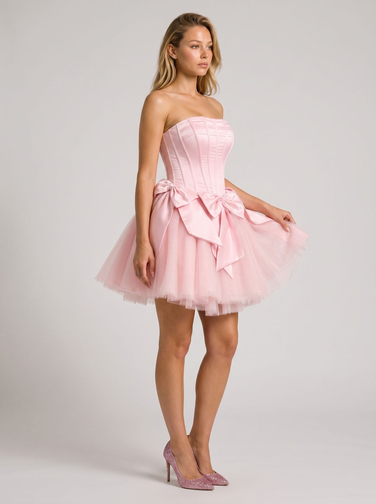 Petal Satin A-Line Straight Neck Criss-Cross Straps Short Dress with Bow - Curvevia