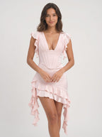 Blushing Pink Satin A-Line Sweetheart Lace-up Short Dress with Cascading Ruffles - Curvevia