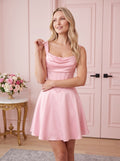 Petal Satin A-Line Cowl Neck Lace-up Short Dress with Pleating - Curvevia