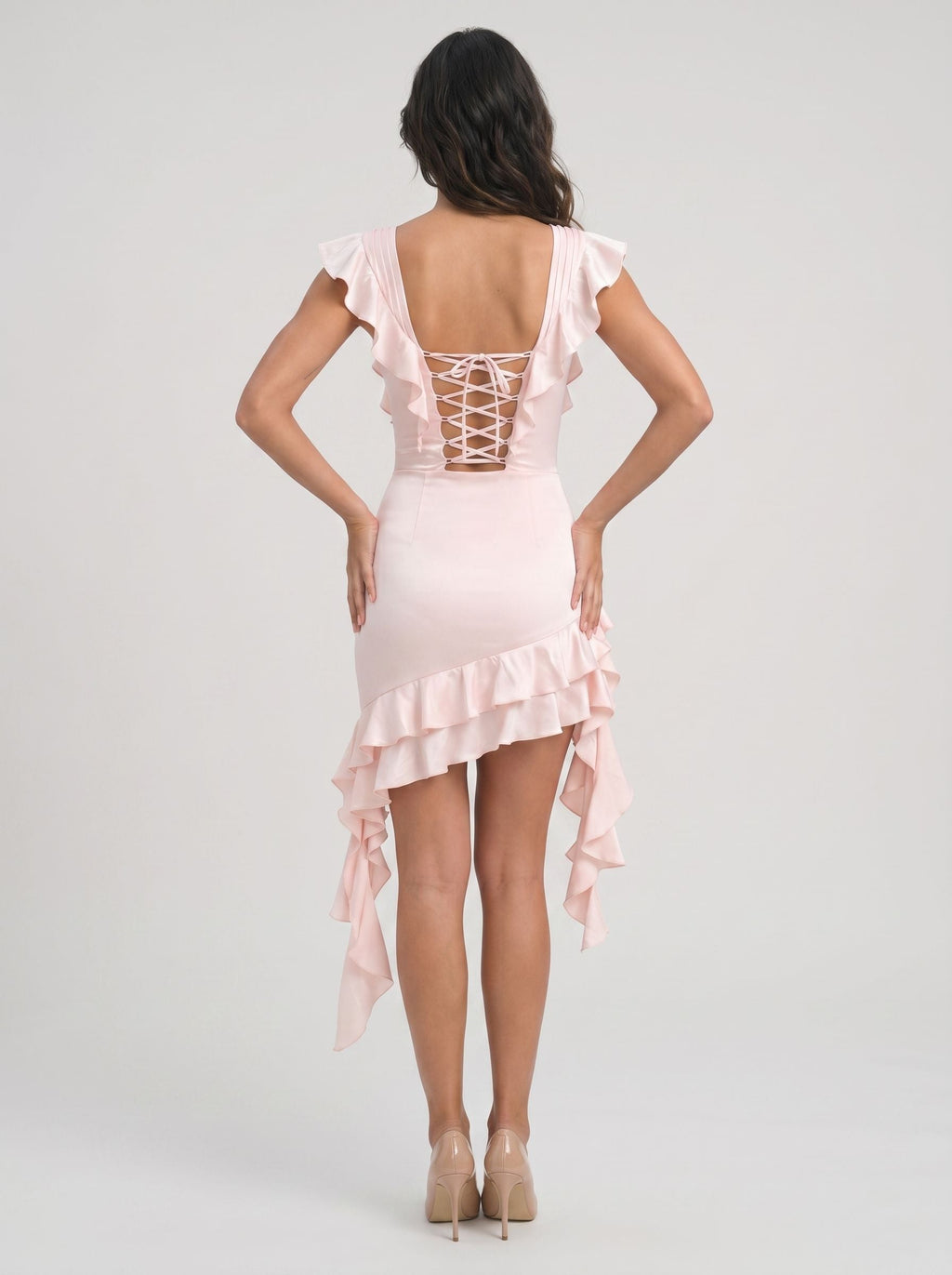Blushing Pink Satin A-Line Sweetheart Lace-up Short Dress with Cascading Ruffles - Curvevia