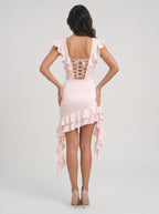 Blushing Pink Satin A-Line Sweetheart Lace-up Short Dress with Cascading Ruffles - Curvevia