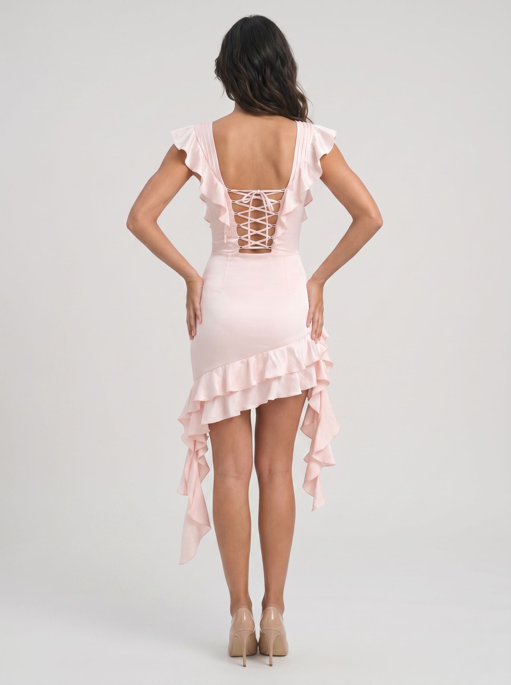 Blushing Pink Satin A-Line Sweetheart Lace-up Short Dress with Cascading Ruffles - Curvevia