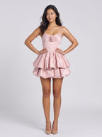 Blushing Pink Satin A-Line Sweetheart Back Zip Short Dress with Ruffled Bubble Skirt - Curvevia