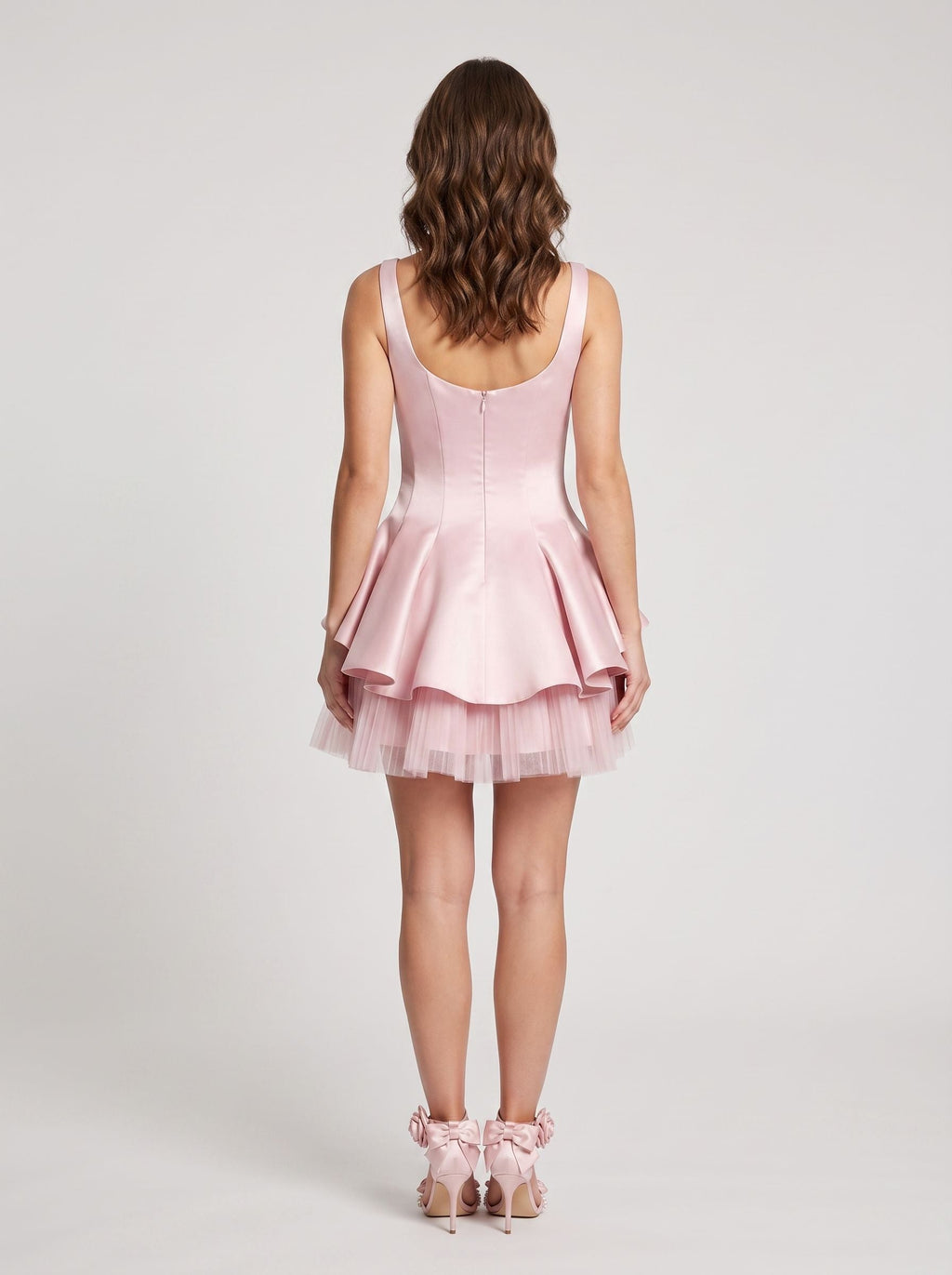 Petal Satin A-Line Scoop Neck Back Zip Short Dress with Pleated Bodice - Curvevia