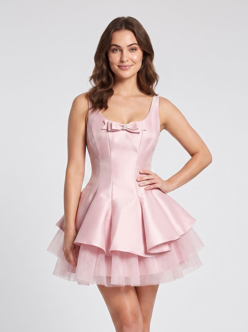 Petal Satin A-Line Scoop Neck Back Zip Short Dress with Pleated Bodice - Curvevia