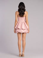Blushing Pink Satin A-Line Sweetheart Back Zip Short Dress with Ruffled Bubble Skirt - Curvevia