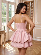 Blushing Pink Satin A-Line Sweetheart Back Zip Short Dress with Ruffled Bubble Skirt - Curvevia