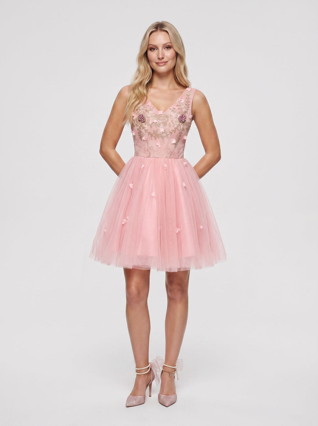 Pink Satin A-Line V-Neck Lace-Up Short Dress with 3D Flowers - Curvevia