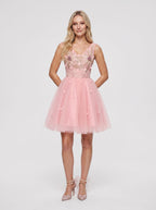 Pink Satin A-Line V-Neck Lace-Up Short Dress with 3D Flowers - Curvevia