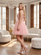 Pink Satin A-Line V-Neck Lace-Up Short Dress with 3D Flowers - Curvevia