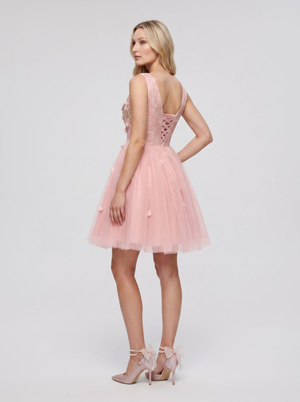 Pink Satin A-Line V-Neck Lace-Up Short Dress with 3D Flowers - Curvevia