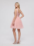 Pink Satin A-Line V-Neck Lace-Up Short Dress with 3D Flowers - Curvevia