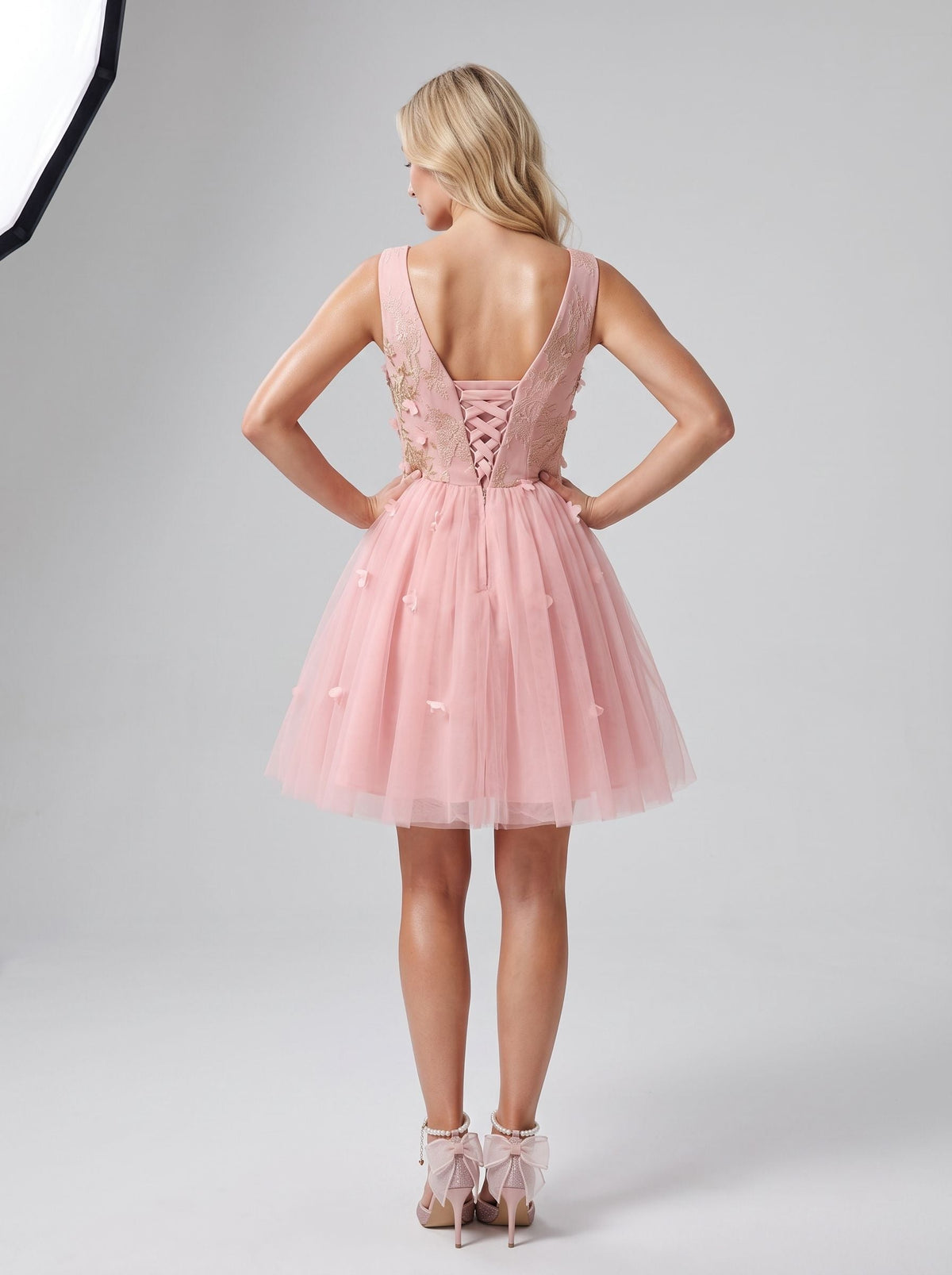 Pink Satin A-Line V-Neck Lace-Up Short Dress with 3D Flowers - Curvevia