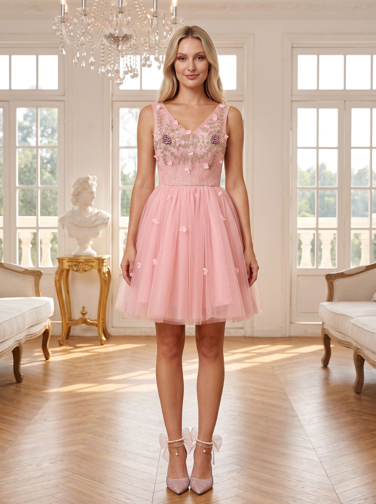 Pink Satin A-Line V-Neck Lace-Up Short Dress with 3D Flowers - Curvevia