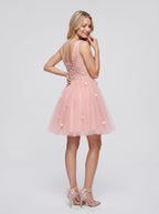 Pink Satin A-Line V-Neck Lace-Up Short Dress with 3D Flowers - Curvevia