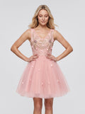 Pink Satin A-Line V-Neck Lace-Up Short Dress with 3D Flowers - Curvevia