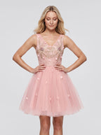 Pink Satin A-Line V-Neck Lace-Up Short Dress with 3D Flowers - Curvevia