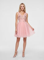 Pink Satin A-Line V-Neck Lace-Up Short Dress with 3D Flowers - Curvevia