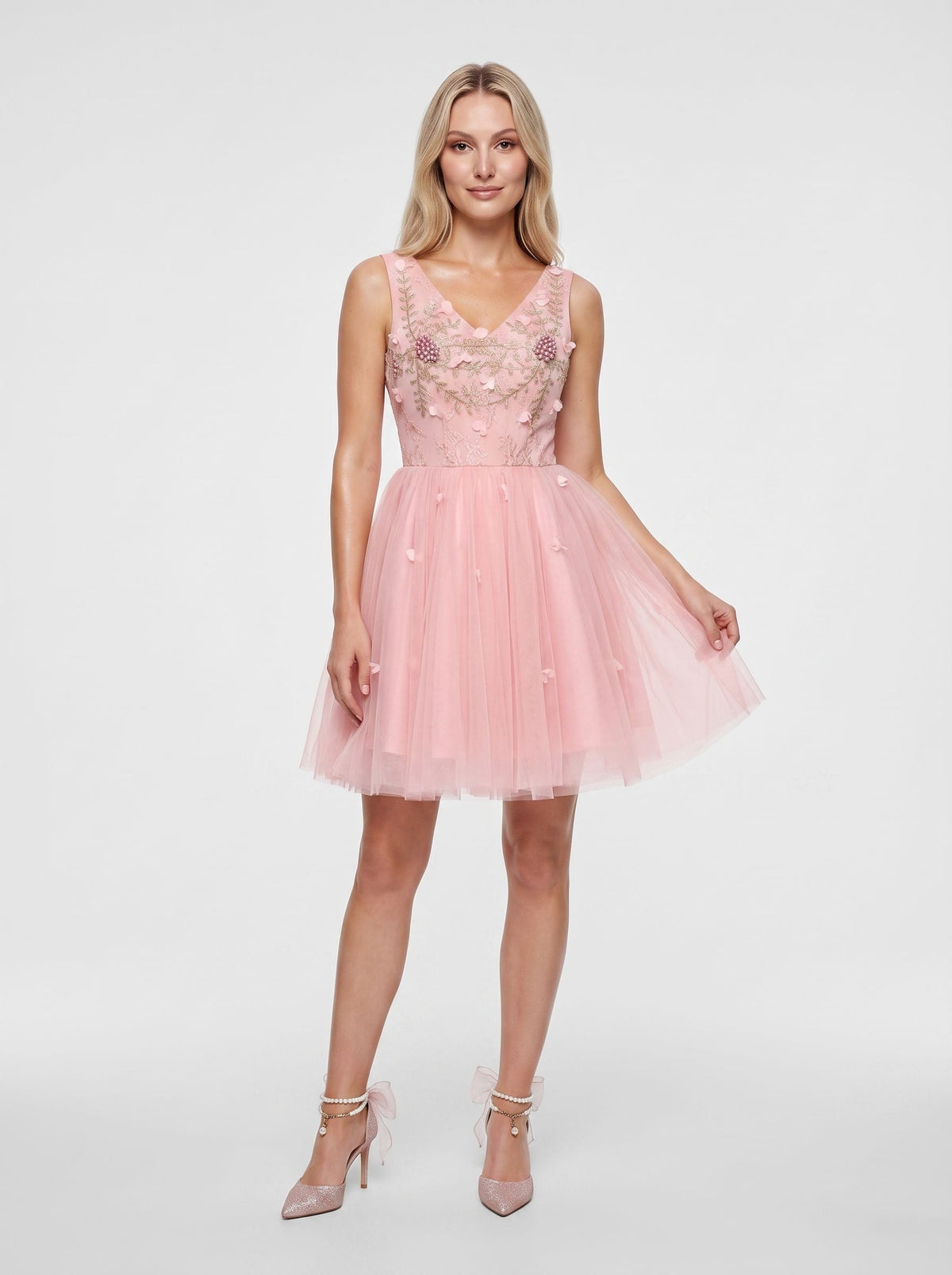 Pink Satin A-Line V-Neck Lace-Up Short Dress with 3D Flowers - Curvevia