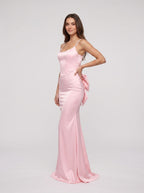 Petal Satin Mermaid Scoop Neck Backless Floor-Length Dress with Bow - Curvevia