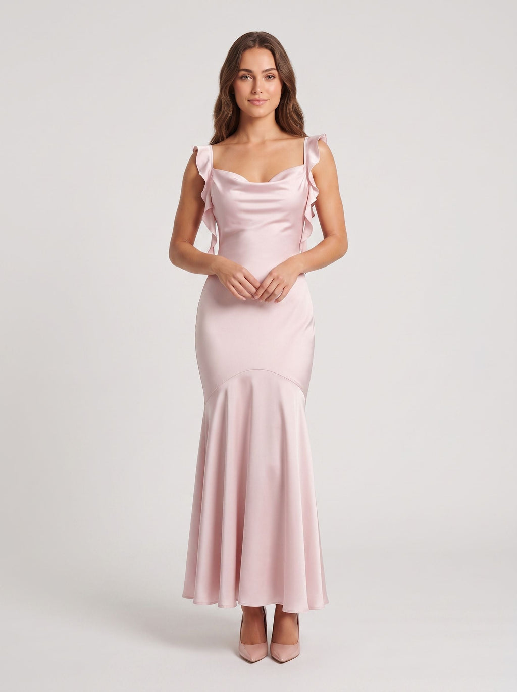 Petal Satin Mermaid Cowl Neck Backless Floor-Length Dress with Cascading Ruffles - Curvevia