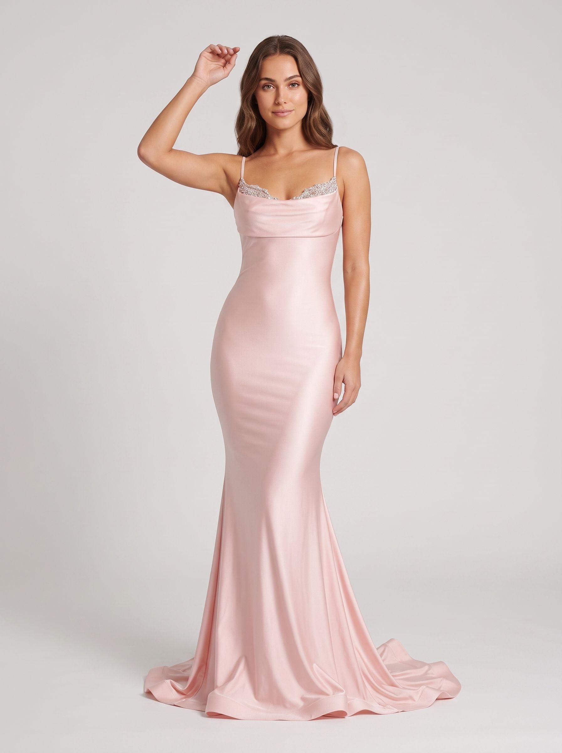 Blushing Pink Satin Mermaid Sweetheart Backless Floor-Length Dress with Beaded Straps - Curvevia