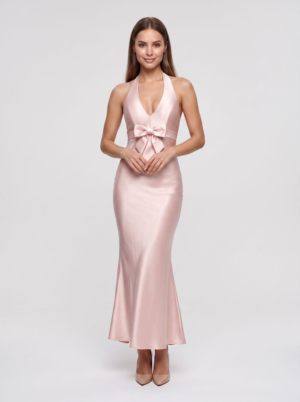 Petal Satin Mermaid Halter neckline Floor-Length Dress with Back Bow - Curvevia