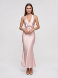 Petal Satin Mermaid Halter neckline Floor-Length Dress with Back Bow - Curvevia