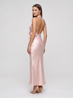 Petal Satin Mermaid Halter neckline Floor-Length Dress with Back Bow - Curvevia