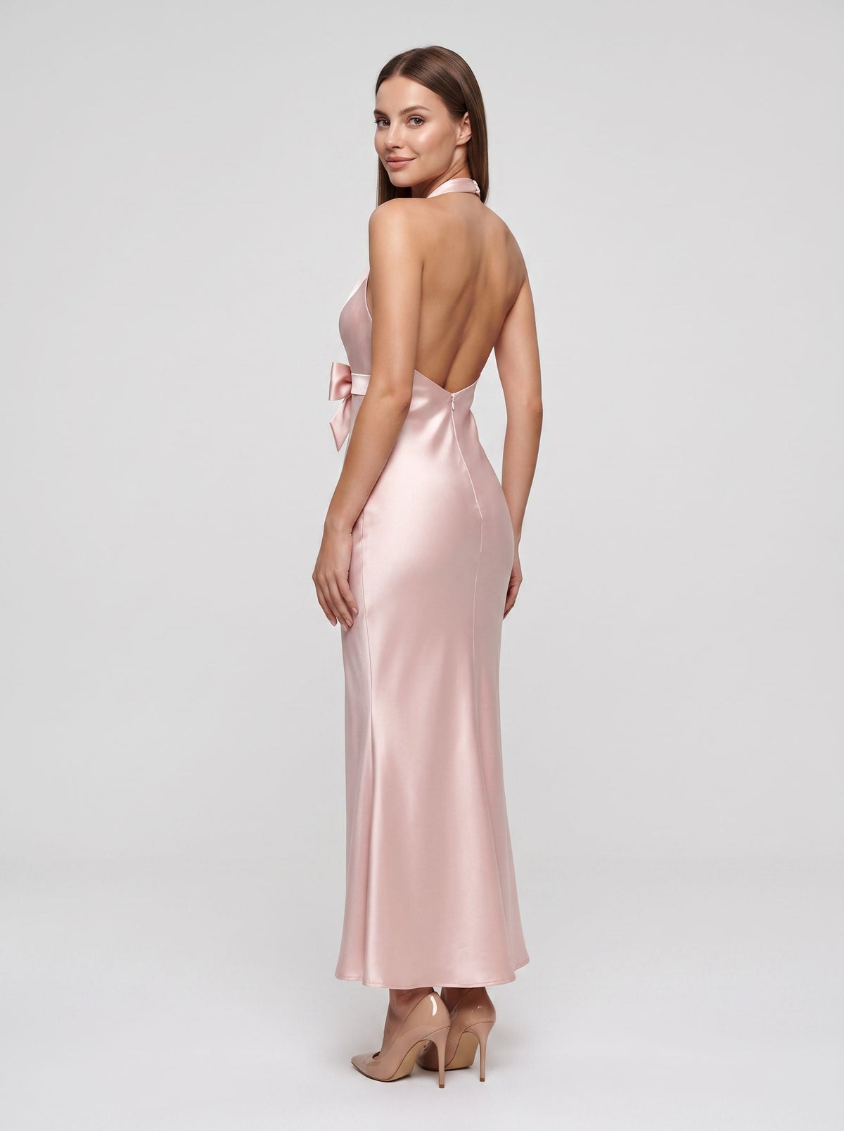 Petal Satin Mermaid Halter neckline Floor-Length Dress with Back Bow - Curvevia