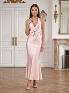 Petal Satin Mermaid Halter neckline Floor-Length Dress with Back Bow - Curvevia