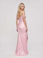 Petal Satin Mermaid Off-the-Shoulder Side Zip Floor-Length Dress with Side Split - Curvevia