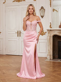 Petal Satin Mermaid Off-the-Shoulder Side Zip Floor-Length Dress with Side Split - Curvevia