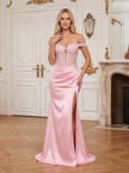Petal Satin Mermaid Off-the-Shoulder Side Zip Floor-Length Dress with Side Split - Curvevia
