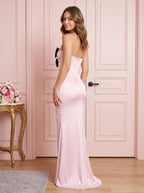 Petal Satin Mermaid Straight Neck Bow Floor-Length Dress - Curvevia
