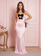 Petal Satin Mermaid Straight Neck Bow Floor-Length Dress - Curvevia