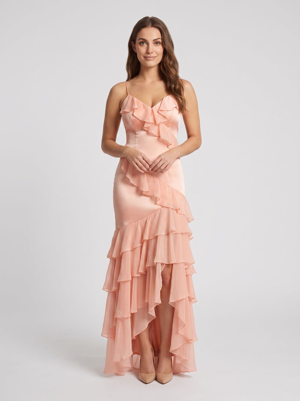 Blushing Pink Satin Mermaid V-Neck Back Zip Floor-Length Dress with Cascading Ruffles - Curvevia