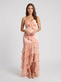 Blushing Pink Satin Mermaid V-Neck Back Zip Floor-Length Dress with Cascading Ruffles - Curvevia