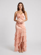 Blushing Pink Satin Mermaid V-Neck Back Zip Floor-Length Dress with Cascading Ruffles - Curvevia