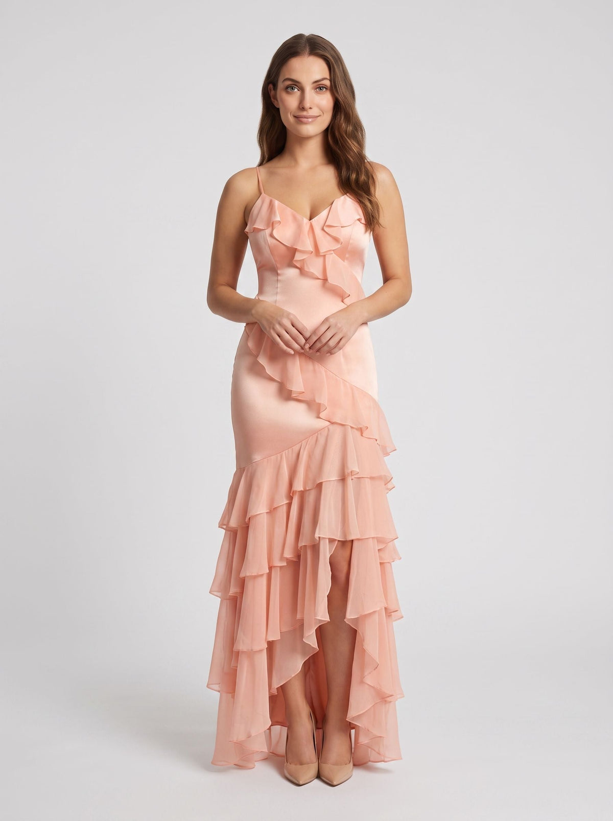 Blushing Pink Satin Mermaid V-Neck Back Zip Floor-Length Dress with Cascading Ruffles - Curvevia