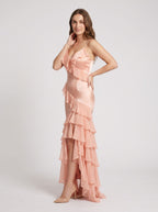 Blushing Pink Satin Mermaid V-Neck Back Zip Floor-Length Dress with Cascading Ruffles - Curvevia